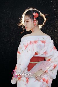 Yukata Trắng Hoa Ly Đỏ