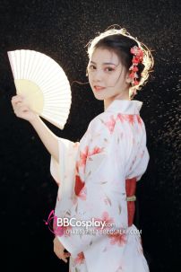 Yukata Trắng Hoa Ly Đỏ
