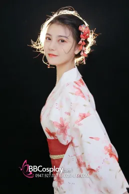 Yukata Trắng Hoa Ly Đỏ