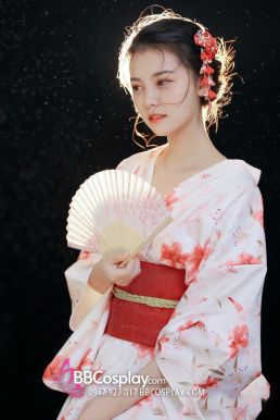 Yukata Trắng Hoa Ly Đỏ