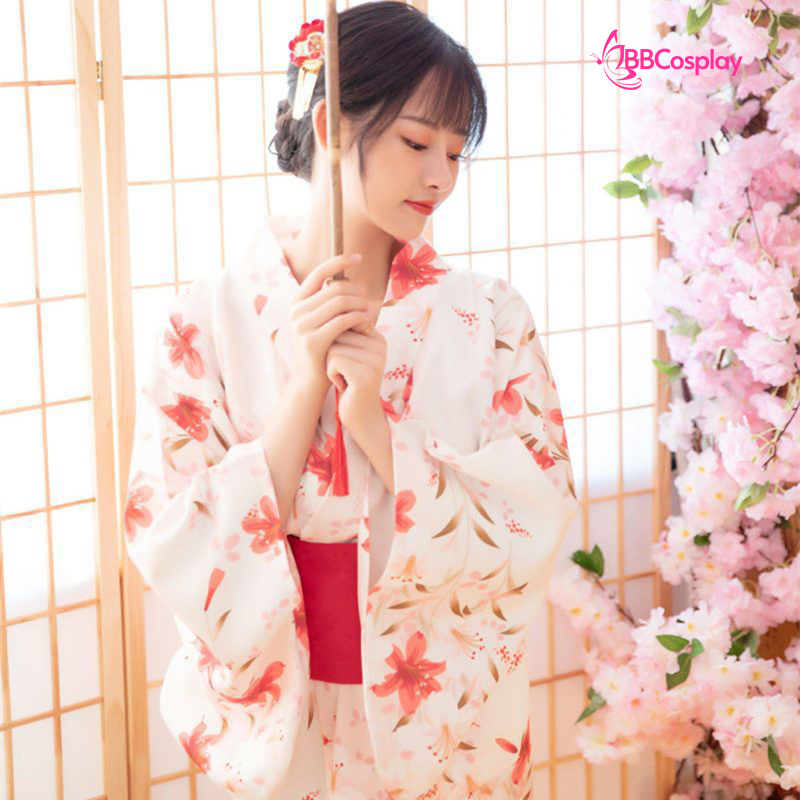 Yukata Trắng Hoa Ly Đỏ