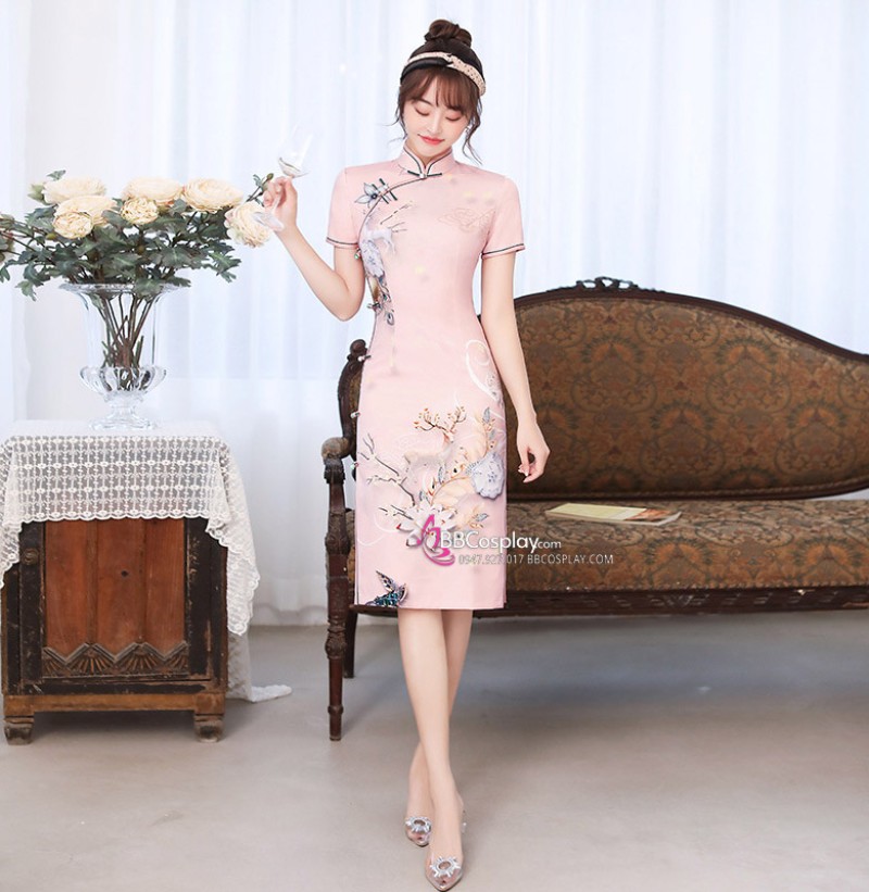 Sườn Xám Tuần Lộc Và Hoa Dáng Dài Hồng Phấn