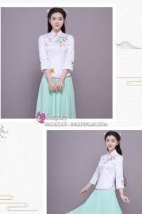 Trang Phục Nữ Sinh Dân Quốc - Áo Trắng Váy Xanh Gấm