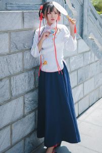 Sườn Xám Cách Điệu Áo Trắng Váy Xanh