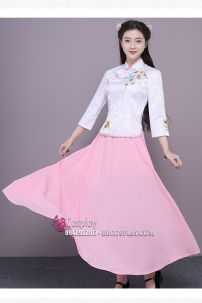 Bộ Sườn Xám Cách Tân Áo Trắng Váy Hồng Chụp Trung Thu