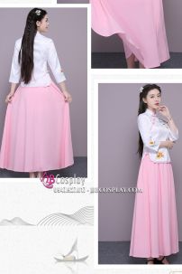 Bộ Sườn Xám Cách Tân Áo Trắng Váy Hồng Chụp Trung Thu