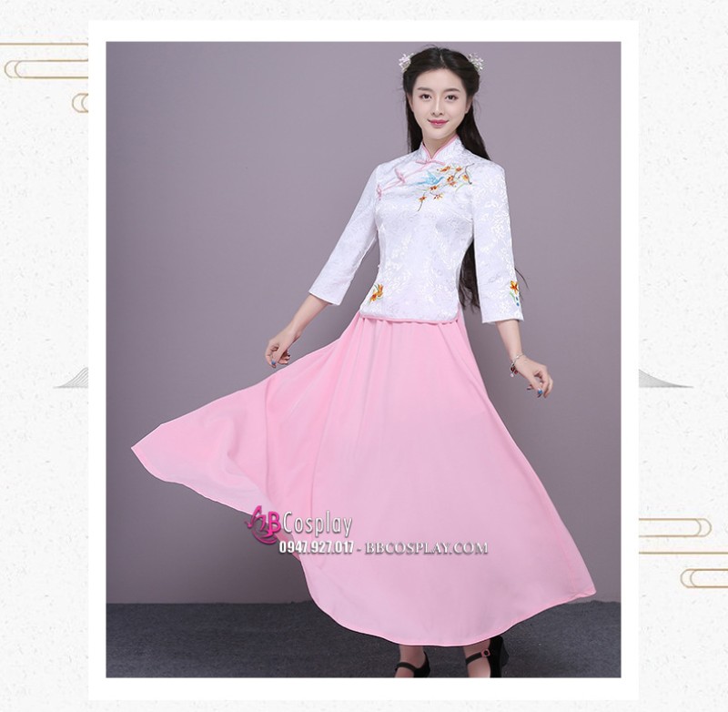 Bộ Sườn Xám Cách Tân Áo Trắng Váy Hồng Chụp Trung Thu
