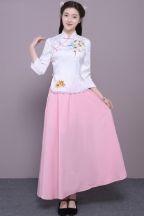 Bộ Sườn Xám Cách Tân Áo Trắng Váy Hồng Chụp Trung Thu