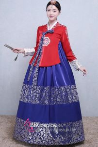Hanbok Áo Đỏ Váy Xanh Gấm In Nhũ