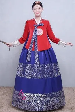 Hanbok Áo Đỏ Váy Xanh Gấm In Nhũ