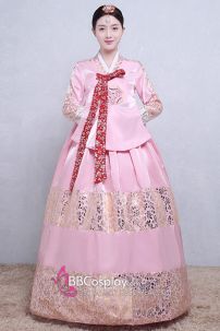 Hanbok Áo Hồng Váy Hồng Gấm In Nhũ