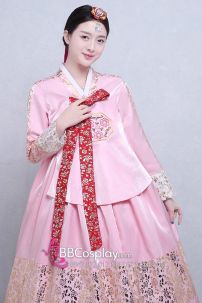 Hanbok Áo Hồng Váy Hồng Gấm In Nhũ