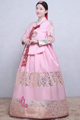 Hanbok Áo Hồng Váy Hồng Gấm In Nhũ