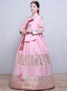 Hanbok Áo Hồng Váy Hồng Gấm In Nhũ