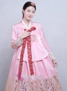 Hanbok Áo Hồng Váy Hồng Gấm In Nhũ