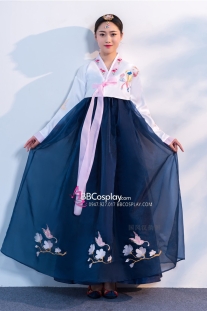 Hanbok Hàn Quốc Voan Thêu Phụng Áo Trắng Váy Xanh Đậm