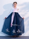 Hanbok Hàn Quốc Voan Thêu Phụng Áo Trắng Váy Xanh Đậm