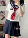 Đồng Phục Nữ Sinh Nhật Áo Trắng Tay Ngắn 3 Sọc Kèm Khăn Quàng Đỏ