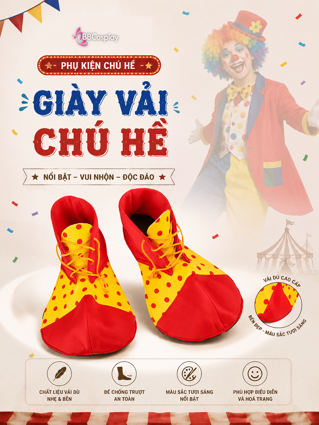 Giày Vải Chú Hề Vàng Chấm Bi Mũi Đỏ