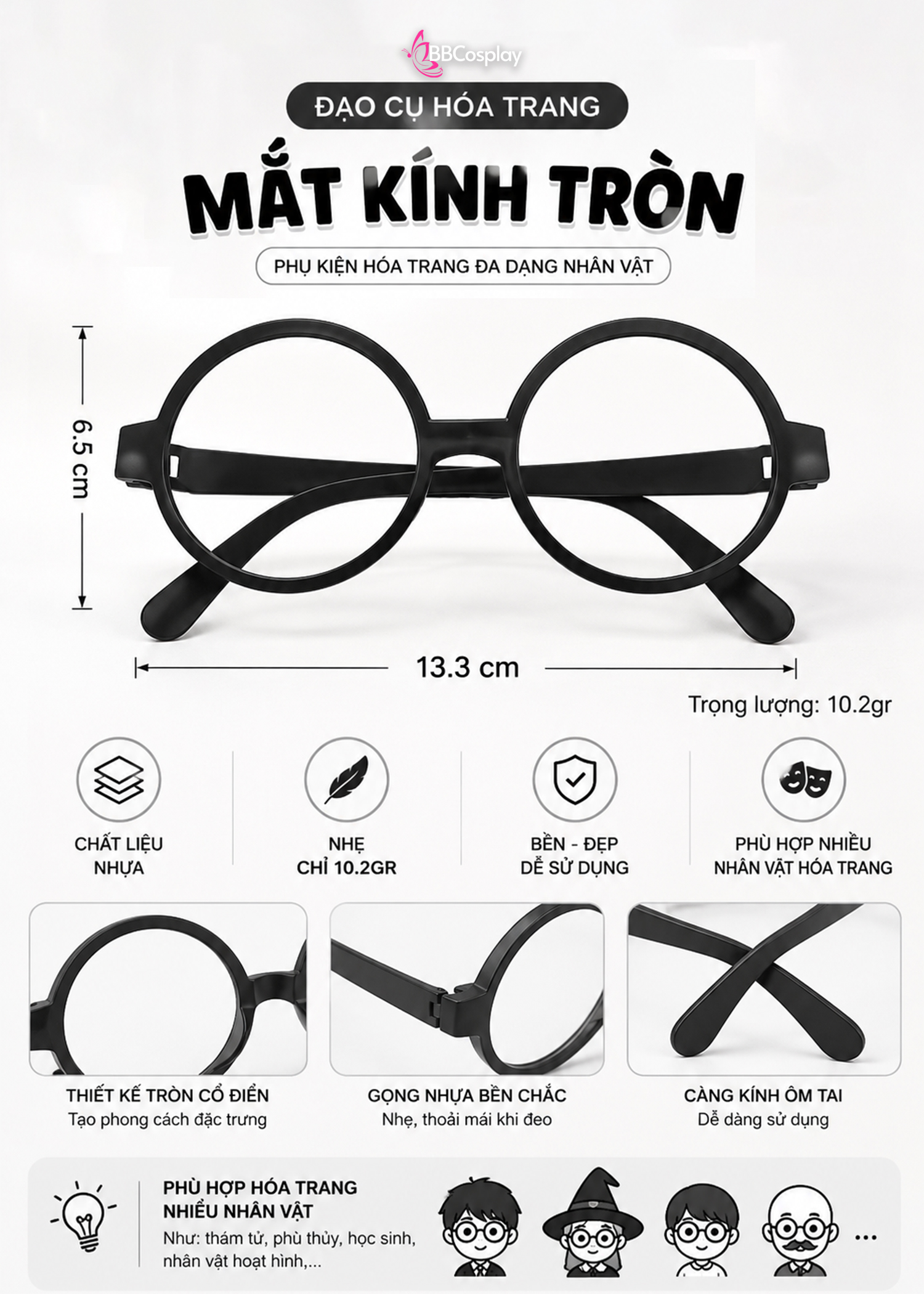 Mắt Kính Nhựa Không Tròng Hoá Trang Các Nhân Vật Harry Potter - Conan - Tiến Sĩ