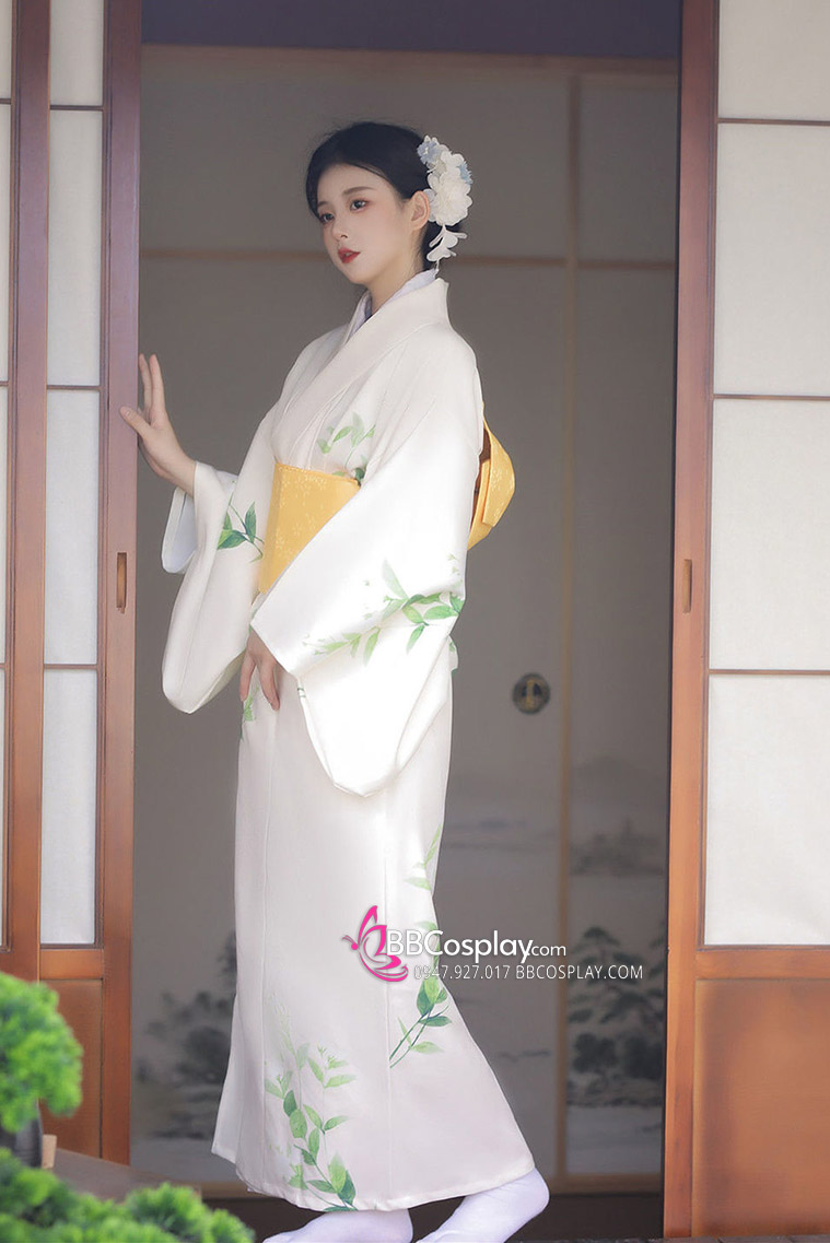 Áo Kimono Yukata Mùa Hè Trắng Kem Tặng Kèm Thắt Lưng