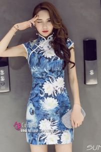 Sườn Xám Thun Xanh Hoa Quỳnh