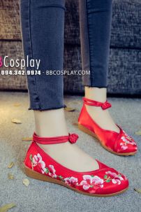 Giày Đỏ Thêu Hoa Hồng - Hài Hán Phục Thêu