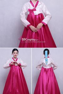 Hanbok Hàn Quốc Giá Rẻ Áo Trắng Váy Hồng Nơ Hồng