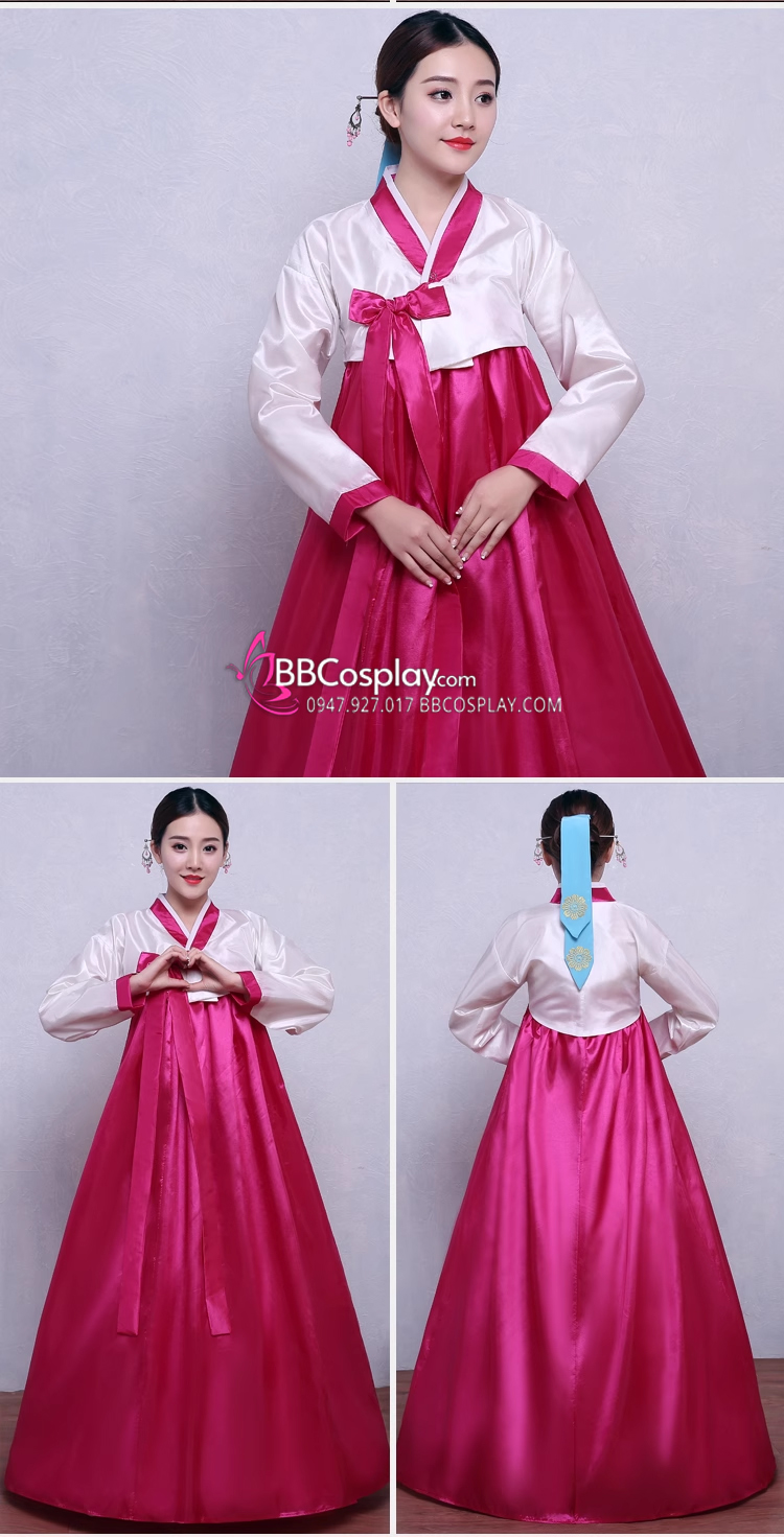 Hanbok Hàn Quốc Giá Rẻ Áo Trắng Váy Hồng Nơ Hồng