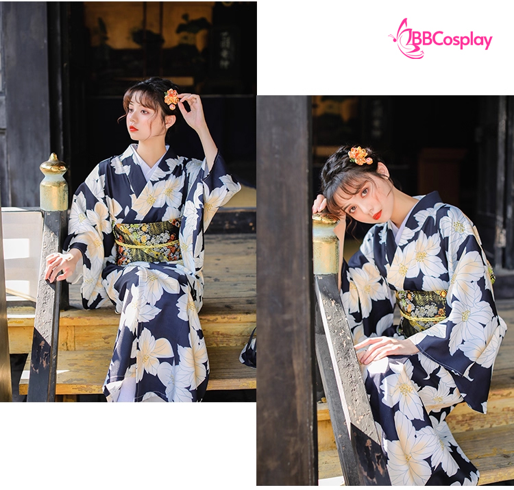 Yukata Đen Hoa Trắng