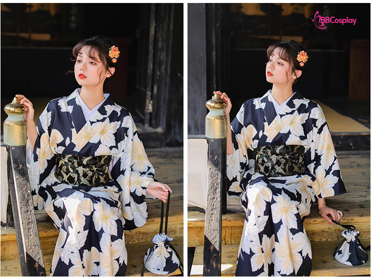 Yukata Đen Hoa Trắng