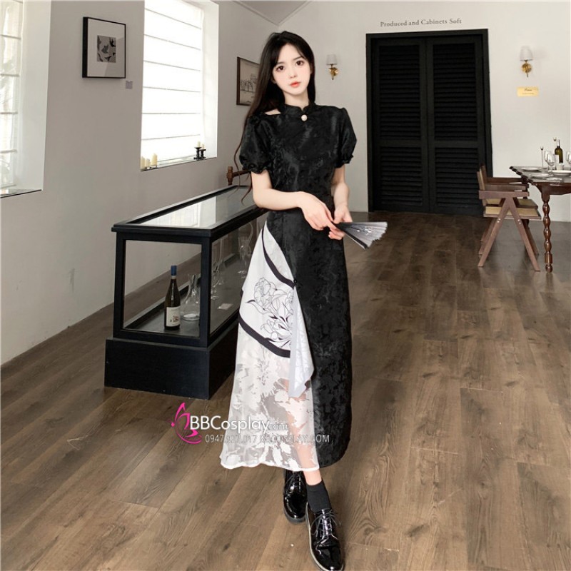 Sườn Xám Cách Tân Phong Cách Hepburn Cao Cấp tay phồng bo chun