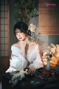 Áo Yukata Shiro Aka Nền Trắng Phối Đỏ Tặng Kèm Thắt Lưng
