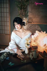 Áo Yukata Shiro Aka Nền Trắng Phối Đỏ Tặng Kèm Thắt Lưng