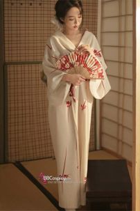 Áo Yukata Shiro Aka Nền Trắng Phối Đỏ Tặng Kèm Thắt Lưng