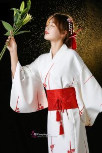 Áo Yukata Shiro Aka Nền Trắng Phối Đỏ Tặng Kèm Thắt Lưng