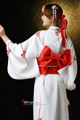 Áo Yukata Shiro Aka Nền Trắng Phối Đỏ Tặng Kèm Thắt Lưng