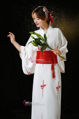 Áo Kimono Yukata Shiro Aka Nền Trắng Phối Đỏ Tặng Kèm Thắt Lưng