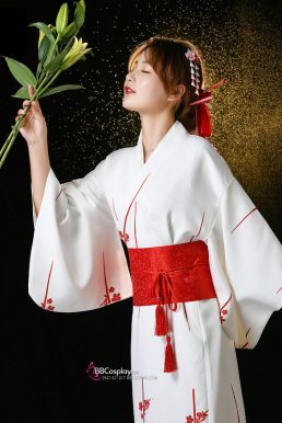 Áo Yukata Shiro Aka Nền Trắng Phối Đỏ Tặng Kèm Thắt Lưng