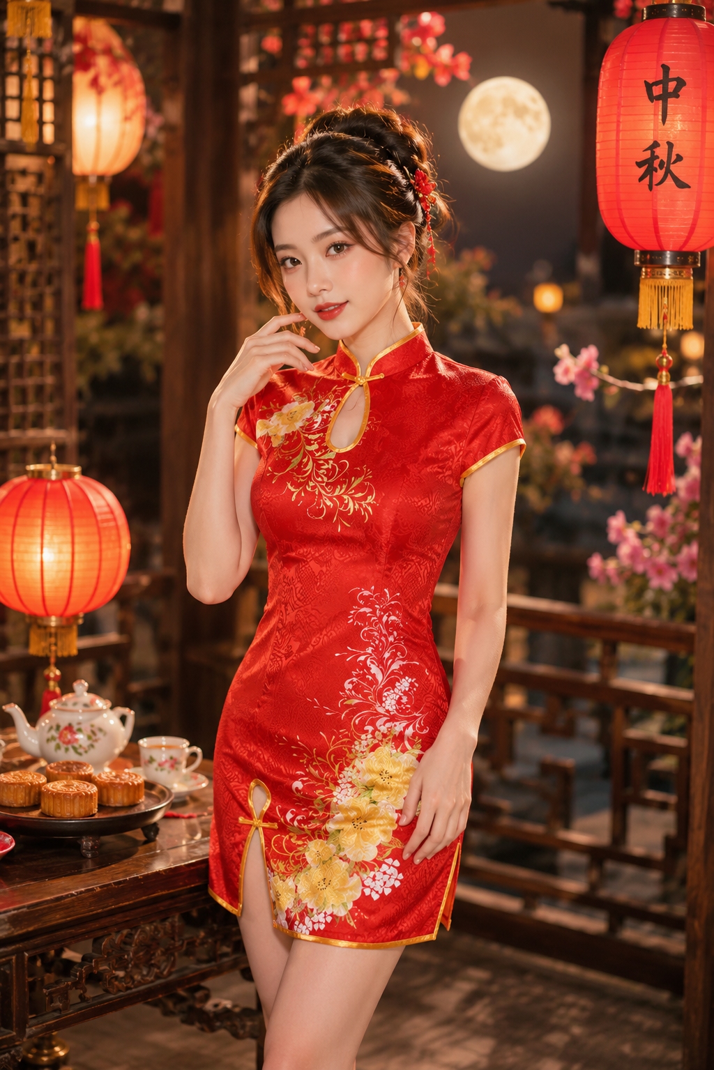 Sườn Xám Đỏ Gấm Thái Hoa Vàng Size M