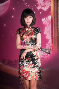 Sườn Xám Đen Bách Hoa Đỏ