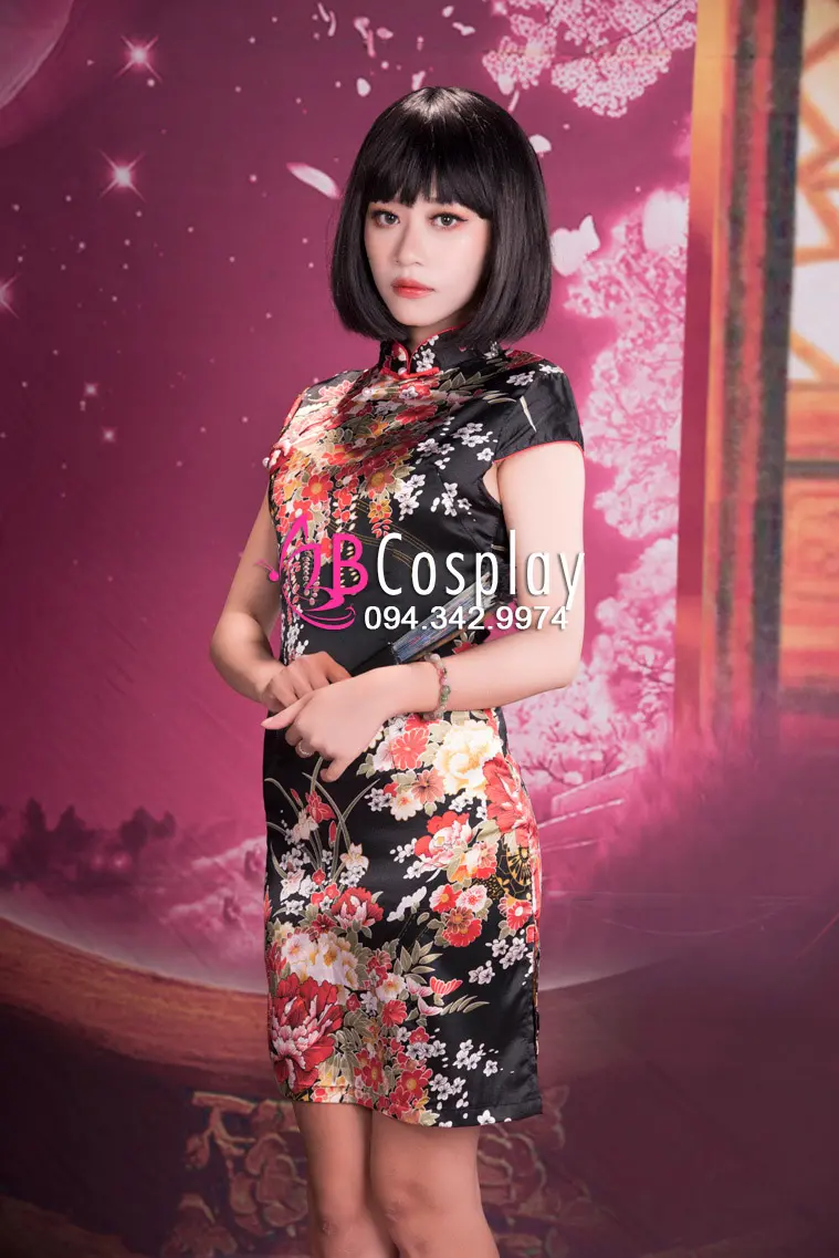 Sườn Xám Đen Bách Hoa Đỏ