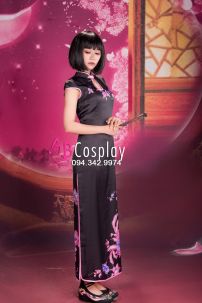 Sườn Xám Đen Hoa Tím Dài Tới Mắt Cá