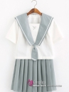 Trang Phục Nữ Sinh Nhật Áo Trắng Tay Ngắn Váy Xanh Xám