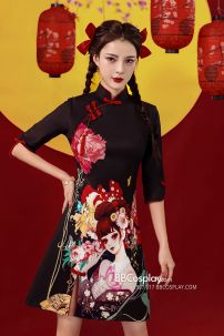 Sườn Xám Geisha Nền Đen Cá Tính Tay Lửng