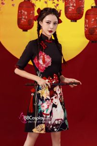 Sườn Xám Geisha Nền Đen Cá Tính Tay Lửng