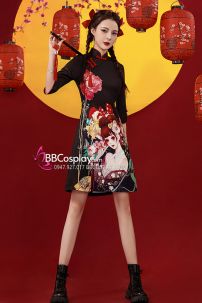 Sườn Xám Geisha Nền Đen Cá Tính Tay Lửng