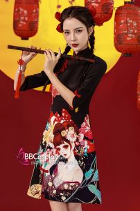 Sườn Xám Geisha Nền Đen Cá Tính Tay Lửng