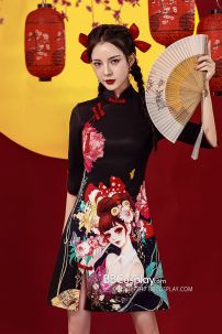 Sườn Xám Geisha Nền Đen Cá Tính Tay Lửng