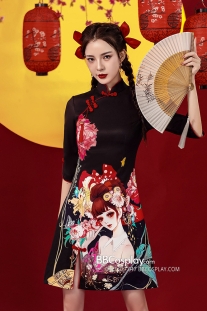 Sườn Xám Geisha Nền Đen Cá Tính Tay Lửng
